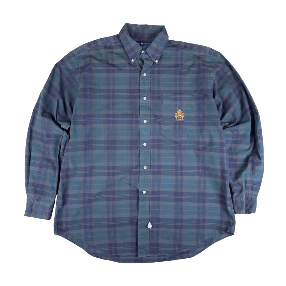 Y2K Polo Ralph Lauren Plaid Crest Button Up Shirt Men's Large Blue Green 2000s